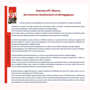 Interview d’E. Macron : des annonces réactionnaires et démagogiques