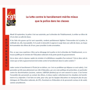 Communiqué : La lutte contre le harcèlement mérite mieux que la police dans les classes